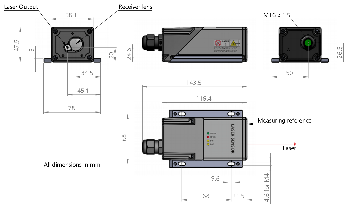 Dimetix laser sensor,DPE-10-500, DEN-10-500, DPE-30-500, DAN-10-150